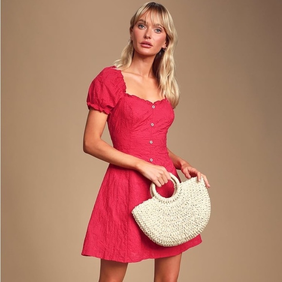 Lulu’s Ashler Red Embroidered Button-Front Puff Sleeve Dress size Large milkmaid - Picture 1 of 16